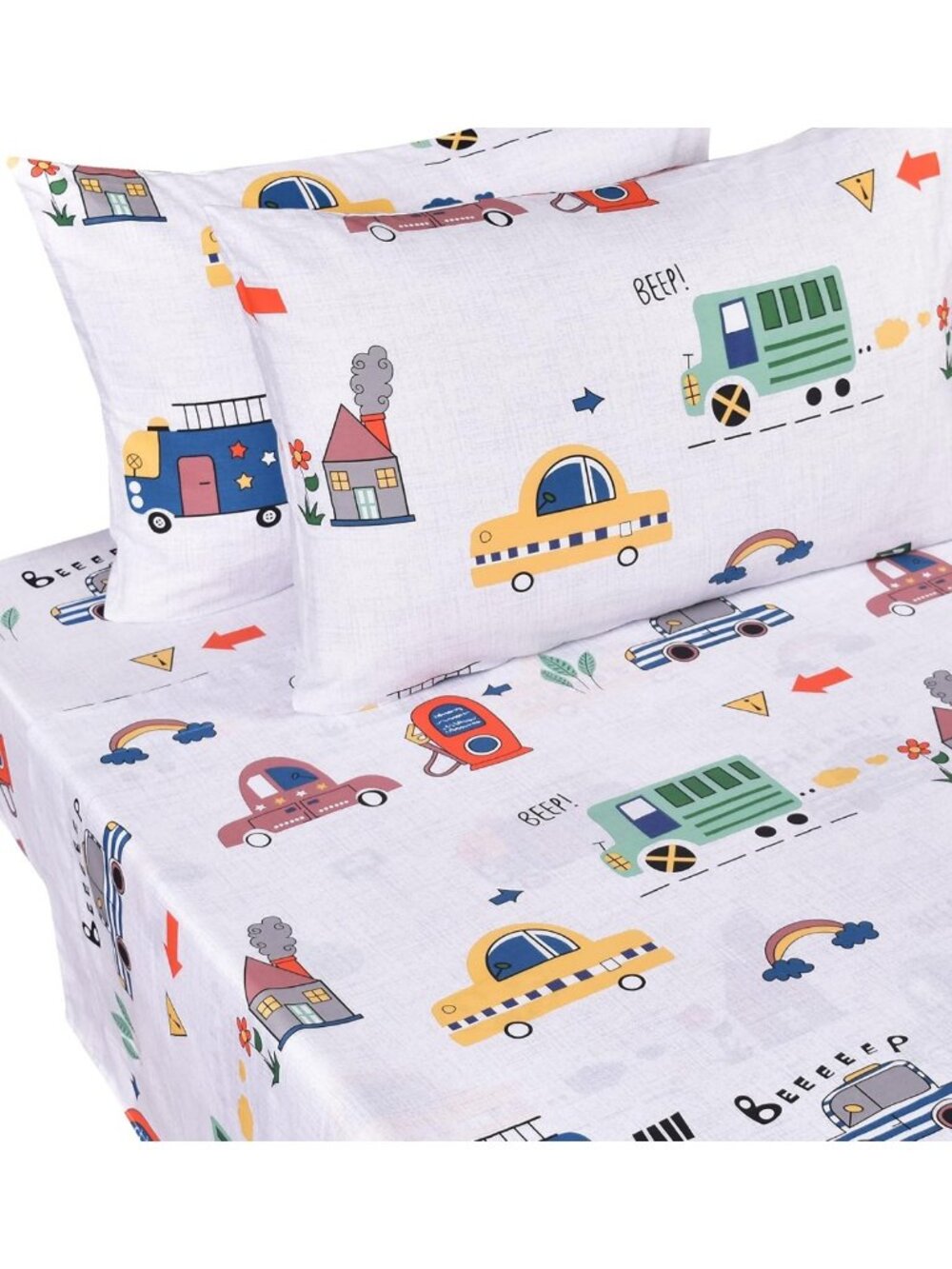 Cars & Bus Traffic Full Sheet Set for Boys - 100% Cotton Bedding Gift, 3-Piece